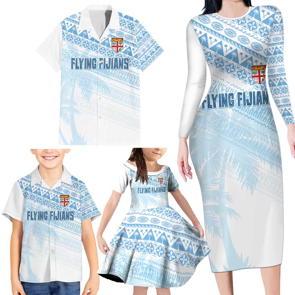 Fiji Rugby Custom Kaiviti Masi Family Matching Long Sleeve Bodycon Dress and Hawaiian Shirt Turquoise LT7 - Polynesian Pride