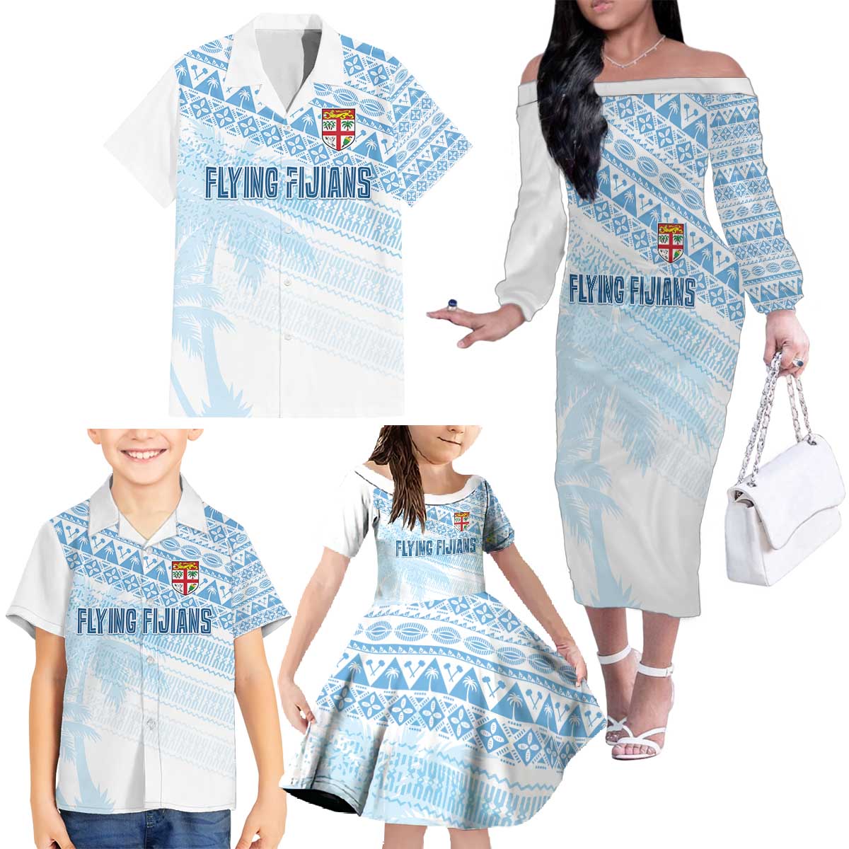 Fiji Rugby Custom Kaiviti Masi Family Matching Off The Shoulder Long Sleeve Dress and Hawaiian Shirt Turquoise - Polynesian Pride
