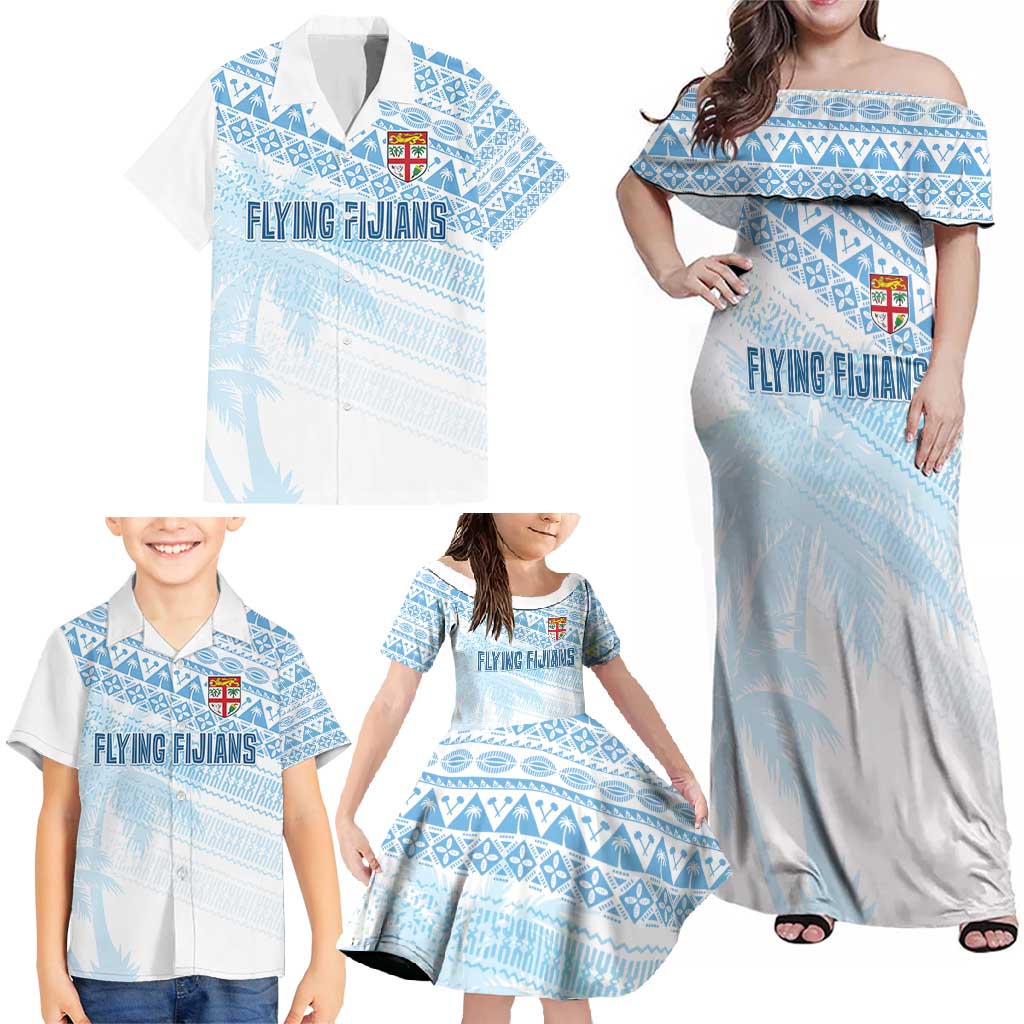 Fiji Rugby Custom Kaiviti Masi Family Matching Off Shoulder Maxi Dress and Hawaiian Shirt Turquoise - Polynesian Pride