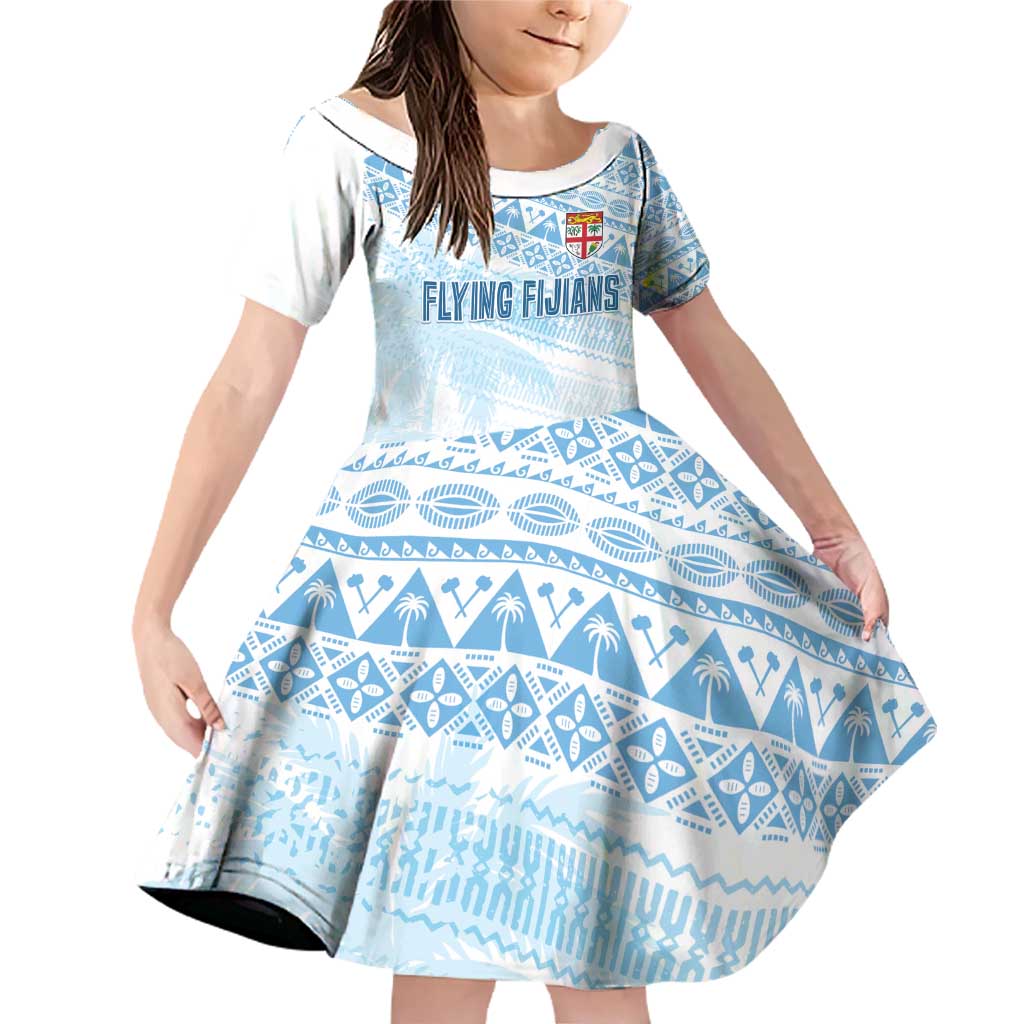 Fiji Rugby Custom Kaiviti Masi Family Matching Off Shoulder Short Dress and Hawaiian Shirt Turquoise LT7 Daughter's Dress Turquoise - Polynesian Pride