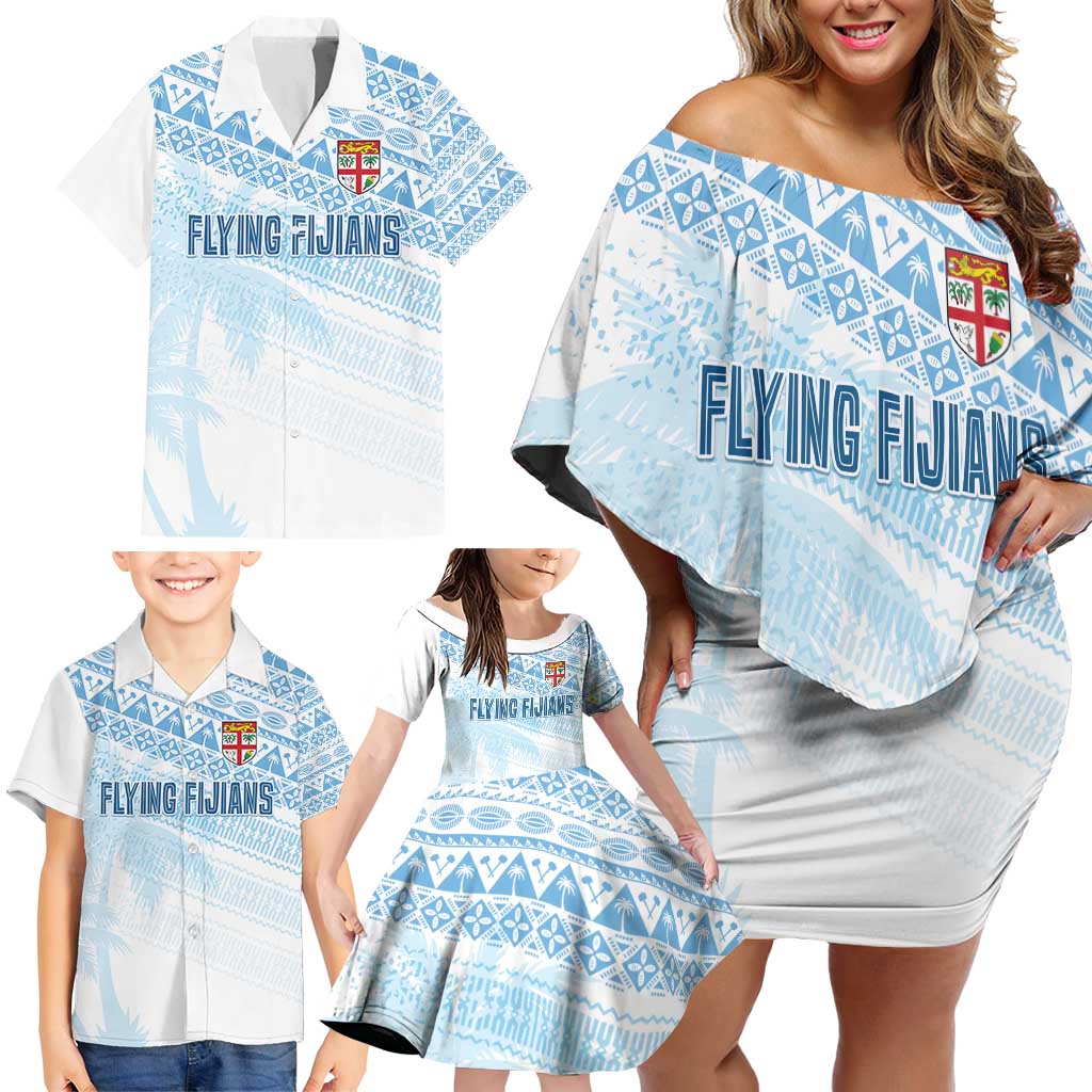 Fiji Rugby Custom Kaiviti Masi Family Matching Off Shoulder Short Dress and Hawaiian Shirt Turquoise LT7 - Polynesian Pride