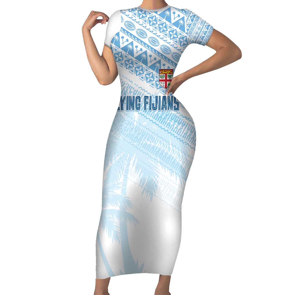 Fiji Rugby Custom Kaiviti Masi Family Matching Short Sleeve Bodycon Dress and Hawaiian Shirt Turquoise LT7 Mom's Dress Turquoise - Polynesian Pride