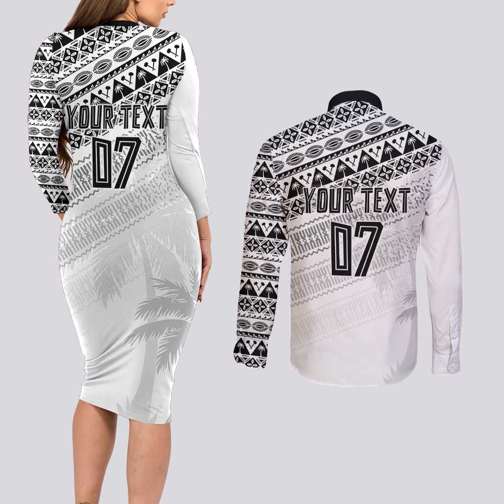 Fiji Rugby Custom Kaiviti Masi Couples Matching Long Sleeve Bodycon Dress and Long Sleeve Button Shirt Black - Polynesian Pride