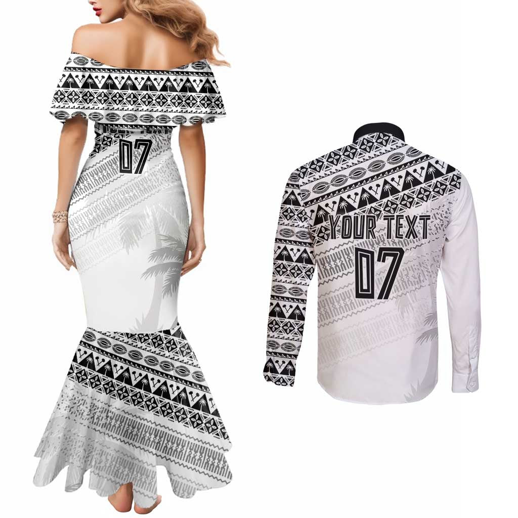 Fiji Rugby Custom Kaiviti Masi Couples Matching Mermaid Dress and Long Sleeve Button Shirt Black - Polynesian Pride