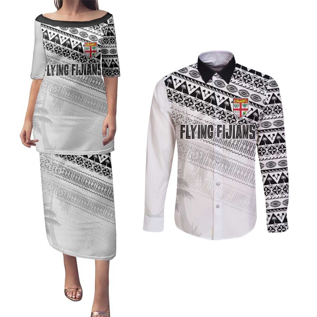 Fiji Rugby Custom Kaiviti Masi Couples Matching Puletasi and Long Sleeve Button Shirt Black - Polynesian Pride