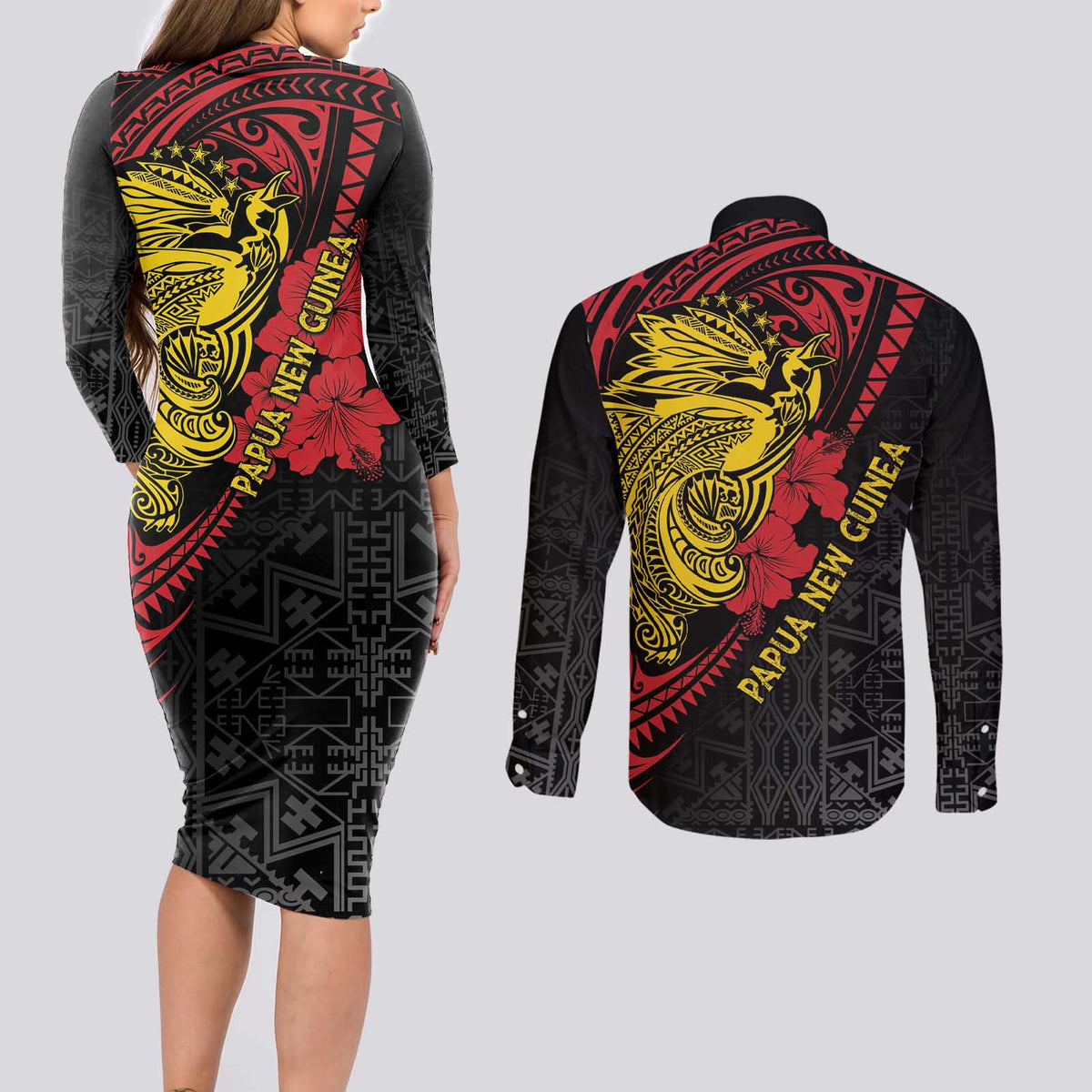 Papua New Guinea 49th Independence Day Couples Matching Long Sleeve Bodycon Dress and Long Sleeve Button Shirt Motuan Revareva Bird-of-Paradise LT7 - Polynesian Pride