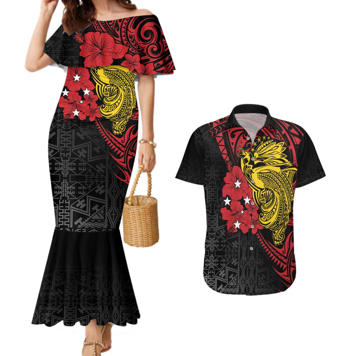 Papua New Guinea 49th Independence Day Couples Matching Mermaid Dress and Hawaiian Shirt Motuan Revareva Bird-of-Paradise LT7 Black - Polynesian Pride