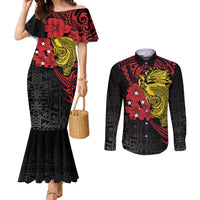Papua New Guinea 49th Independence Day Couples Matching Mermaid Dress and Long Sleeve Button Shirt Motuan Revareva Bird-of-Paradise LT7 Black - Polynesian Pride