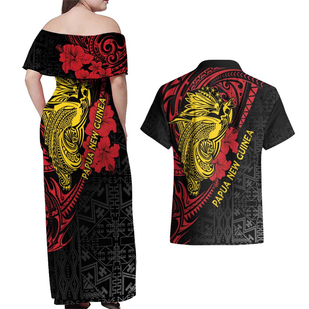 Papua New Guinea 49th Independence Day Couples Matching Off Shoulder Maxi Dress and Hawaiian Shirt Motuan Revareva Bird-of-Paradise LT7 - Polynesian Pride