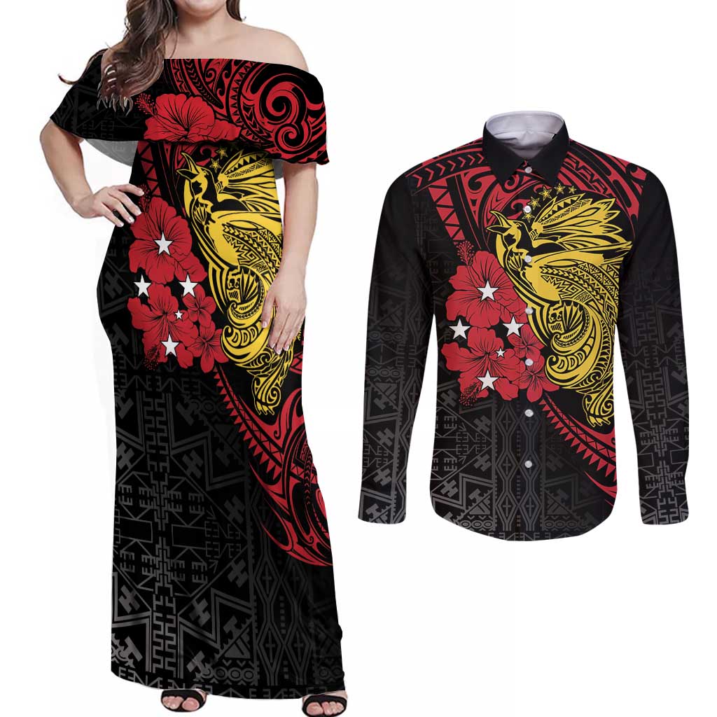 Papua New Guinea 49th Independence Day Couples Matching Off Shoulder Maxi Dress and Long Sleeve Button Shirt Motuan Revareva Bird-of-Paradise