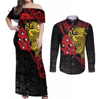 Papua New Guinea 49th Independence Day Couples Matching Off Shoulder Maxi Dress and Long Sleeve Button Shirt Motuan Revareva Bird-of-Paradise LT7 Black - Polynesian Pride