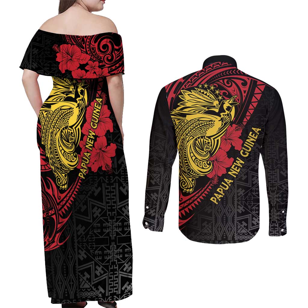 Papua New Guinea 49th Independence Day Couples Matching Off Shoulder Maxi Dress and Long Sleeve Button Shirt Motuan Revareva Bird-of-Paradise LT7 - Polynesian Pride