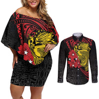 Papua New Guinea 49th Independence Day Couples Matching Off Shoulder Short Dress and Long Sleeve Button Shirt Motuan Revareva Bird-of-Paradise LT7 Black - Polynesian Pride