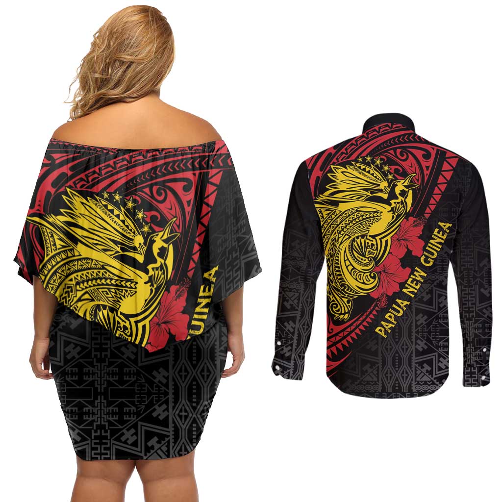 Papua New Guinea 49th Independence Day Couples Matching Off Shoulder Short Dress and Long Sleeve Button Shirt Motuan Revareva Bird-of-Paradise LT7 - Polynesian Pride