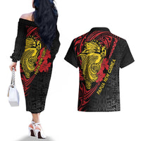 Papua New Guinea 49th Independence Day Couples Matching Off The Shoulder Long Sleeve Dress and Hawaiian Shirt Motuan Revareva Bird-of-Paradise LT7 - Polynesian Pride