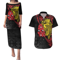 Papua New Guinea 49th Independence Day Couples Matching Puletasi and Hawaiian Shirt Motuan Revareva Bird-of-Paradise LT7 Black - Polynesian Pride