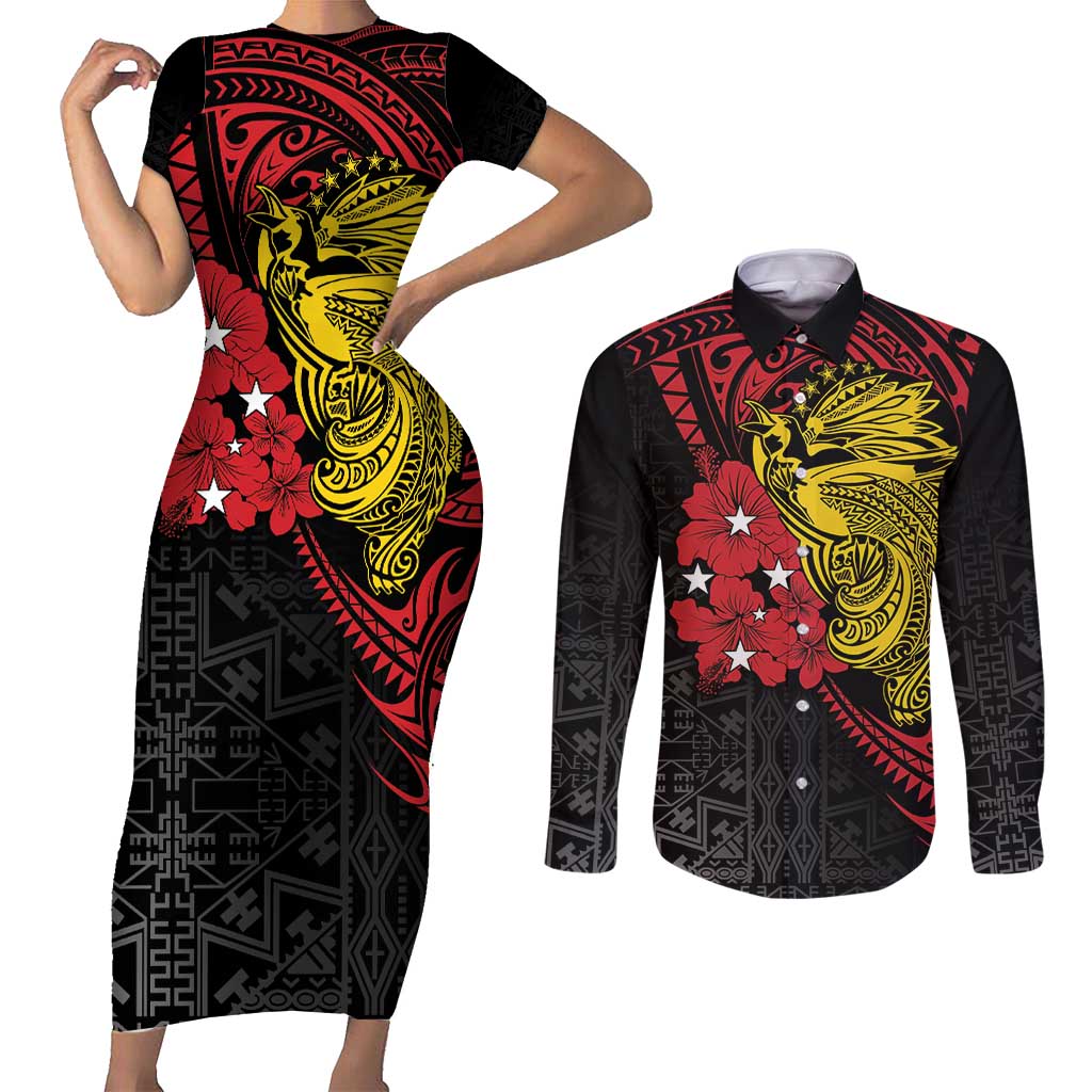 Papua New Guinea 49th Independence Day Couples Matching Short Sleeve Bodycon Dress and Long Sleeve Button Shirt Motuan Revareva Bird-of-Paradise LT7 Black - Polynesian Pride
