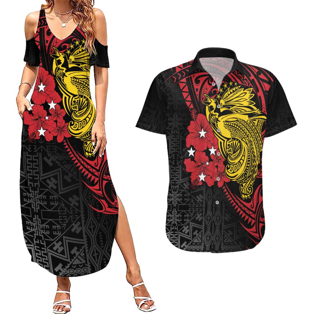 Papua New Guinea 49th Independence Day Couples Matching Summer Maxi Dress and Hawaiian Shirt Motuan Revareva Bird-of-Paradise LT7 Black - Polynesian Pride