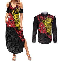 Papua New Guinea 49th Independence Day Couples Matching Summer Maxi Dress and Long Sleeve Button Shirt Motuan Revareva Bird-of-Paradise LT7 Black - Polynesian Pride