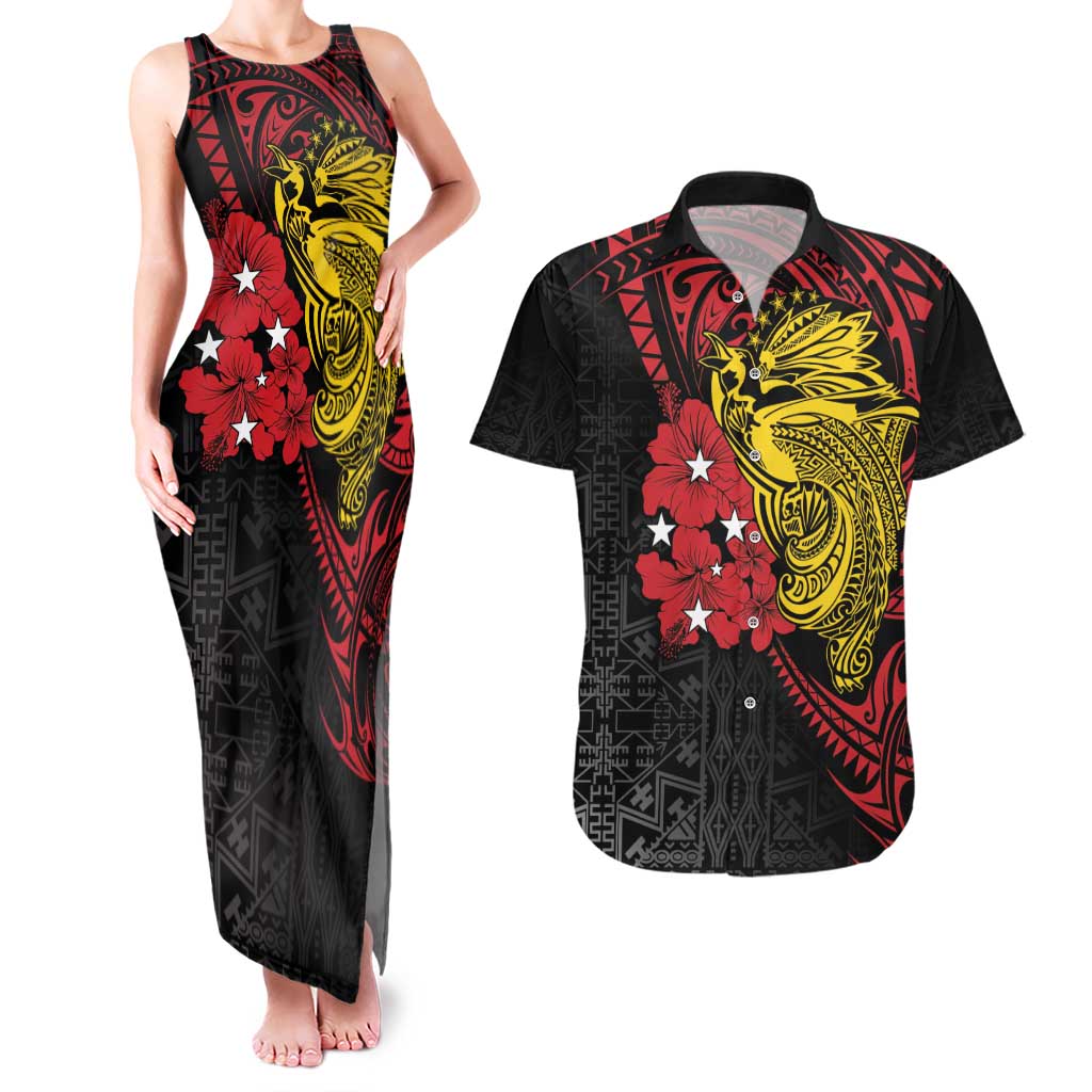 Papua New Guinea 49th Independence Day Couples Matching Tank Maxi Dress and Hawaiian Shirt Motuan Revareva Bird-of-Paradise LT7 Black - Polynesian Pride