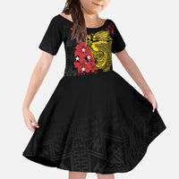 Papua New Guinea 49th Independence Day Family Matching Long Sleeve Bodycon Dress and Hawaiian Shirt Motuan Revareva Bird-of-Paradise LT7 Daughter's Dress Black - Polynesian Pride