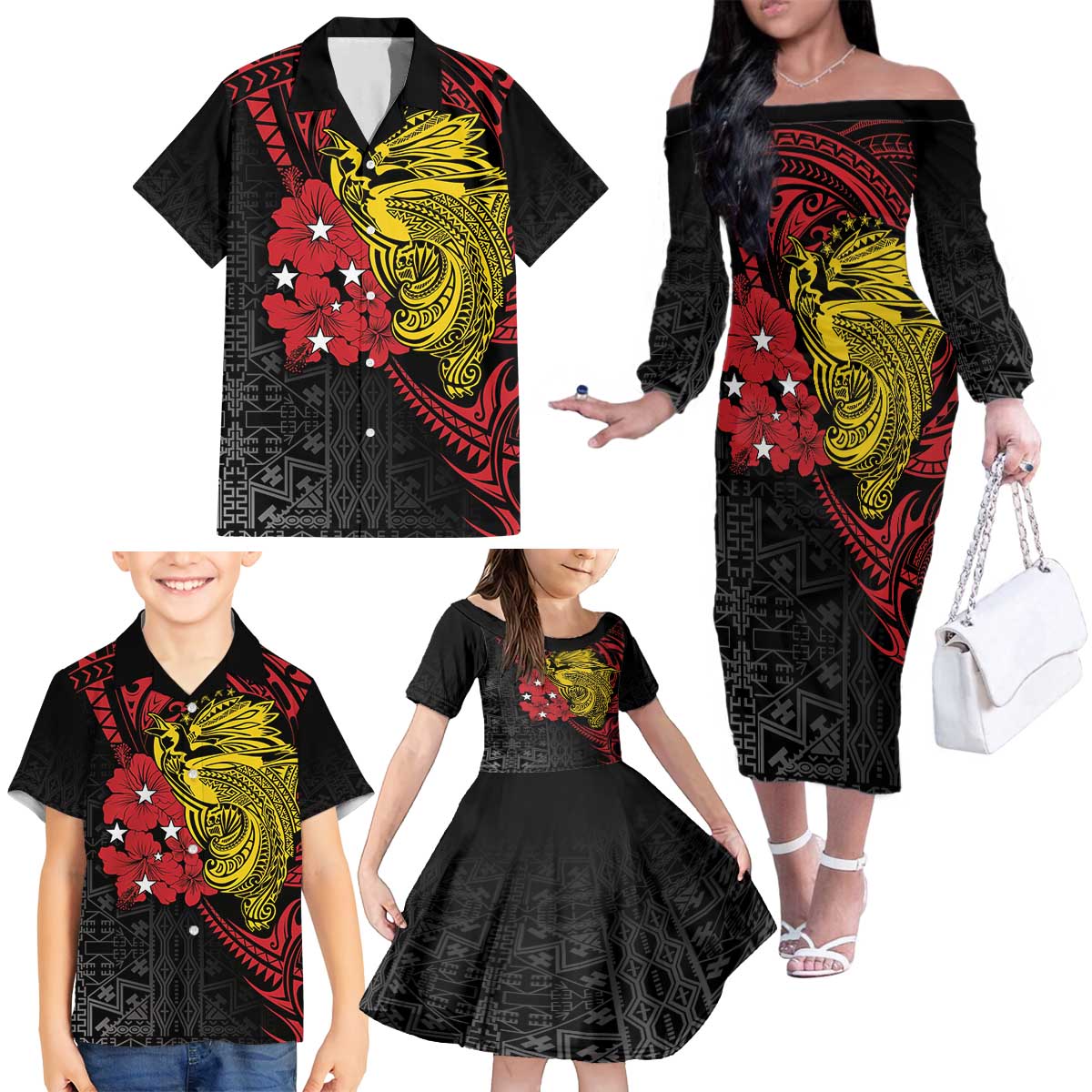 Papua New Guinea 49th Independence Day Family Matching Off The Shoulder Long Sleeve Dress and Hawaiian Shirt Motuan Revareva Bird-of-Paradise LT7 - Polynesian Pride