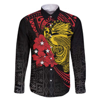 Papua New Guinea 49th Independence Day Family Matching Off The Shoulder Long Sleeve Dress and Hawaiian Shirt Motuan Revareva Bird-of-Paradise LT7 Dad's Shirt - Long Sleeve Black - Polynesian Pride