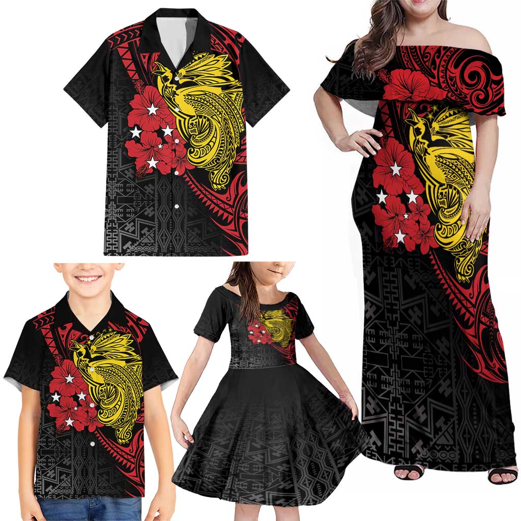 Papua New Guinea 49th Independence Day Family Matching Off Shoulder Maxi Dress and Hawaiian Shirt Motuan Revareva Bird-of-Paradise LT7 - Polynesian Pride
