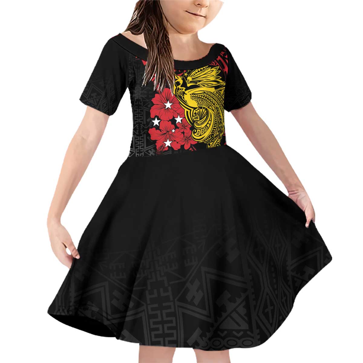Papua New Guinea 49th Independence Day Family Matching Off Shoulder Short Dress and Hawaiian Shirt Motuan Revareva Bird-of-Paradise LT7 Daughter's Dress Black - Polynesian Pride