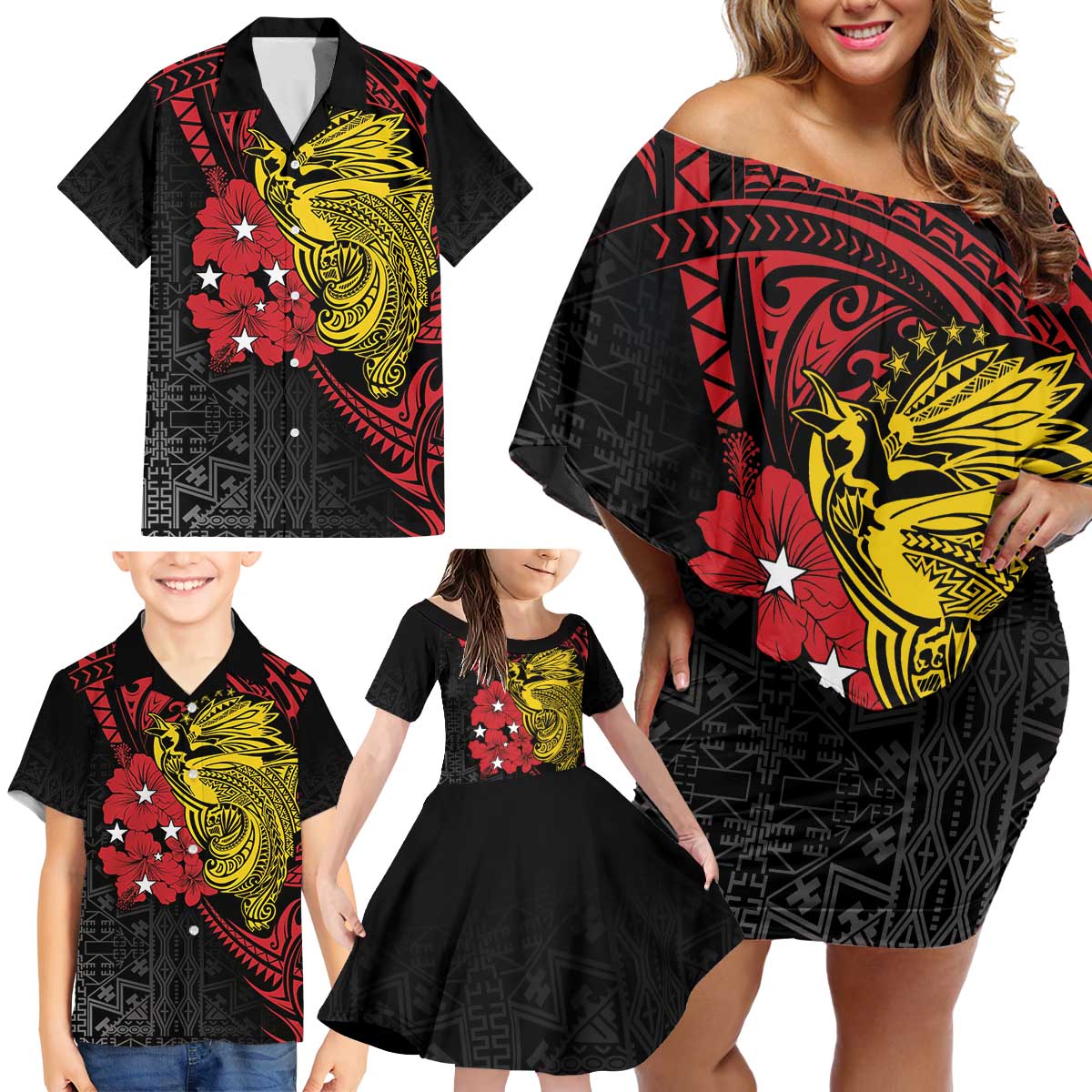 Papua New Guinea 49th Independence Day Family Matching Off Shoulder Short Dress and Hawaiian Shirt Motuan Revareva Bird-of-Paradise LT7 - Polynesian Pride