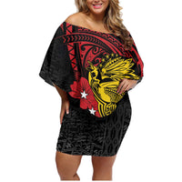 Papua New Guinea 49th Independence Day Family Matching Off Shoulder Short Dress and Hawaiian Shirt Motuan Revareva Bird-of-Paradise LT7 Mom's Dress Black - Polynesian Pride