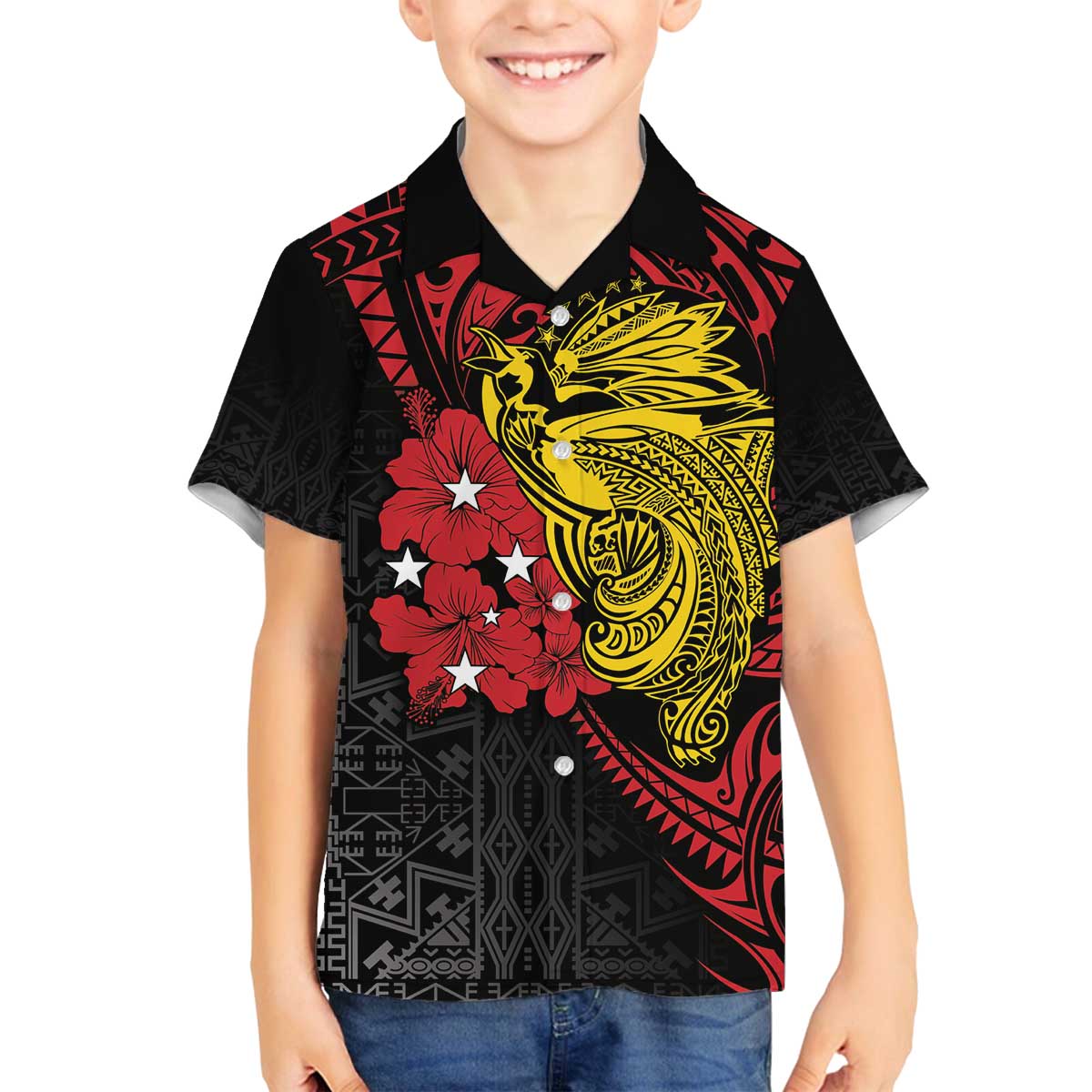 Papua New Guinea 49th Independence Day Family Matching Off Shoulder Short Dress and Hawaiian Shirt Motuan Revareva Bird-of-Paradise LT7 Son's Shirt Black - Polynesian Pride