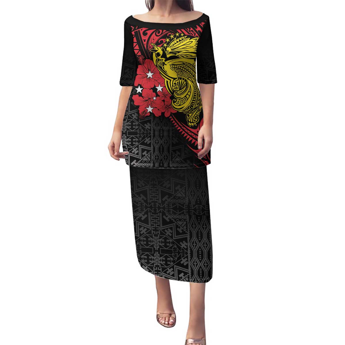 Papua New Guinea 49th Independence Day Family Matching Puletasi and Hawaiian Shirt Motuan Revareva Bird-of-Paradise LT7 Mom's Dress Black - Polynesian Pride