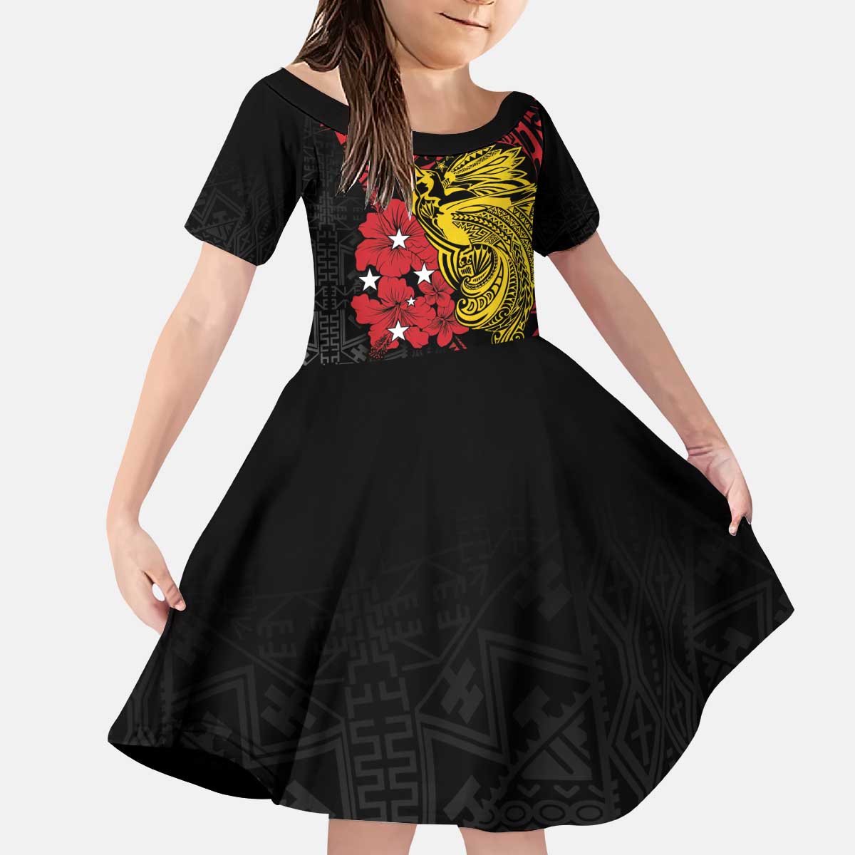 Papua New Guinea 49th Independence Day Kid Short Sleeve Dress Motuan Revareva Bird-of-Paradise LT7 KID Black - Polynesian Pride
