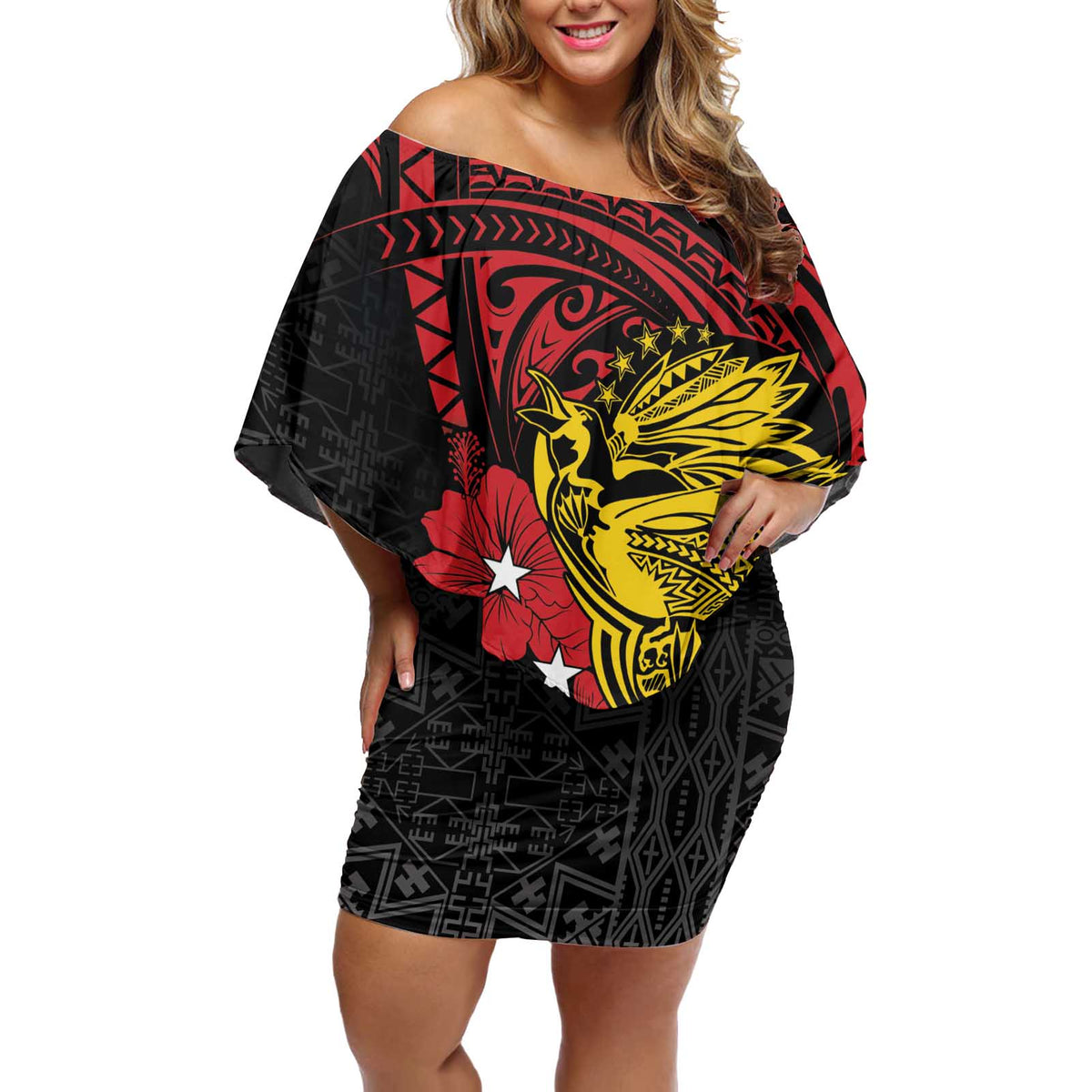 Papua New Guinea 49th Independence Day Off Shoulder Short Dress Motuan Revareva Bird-of-Paradise LT7 Women Black - Polynesian Pride