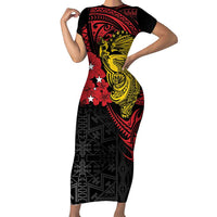 Papua New Guinea 49th Independence Day Short Sleeve Bodycon Dress Motuan Revareva Bird-of-Paradise LT7 Long Dress Black - Polynesian Pride