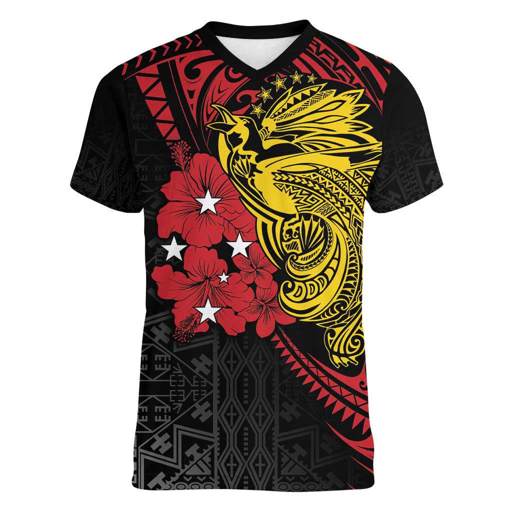 Papua New Guinea 49th Independence Day Women V-Neck T-Shirt Motuan Revareva Bird-of-Paradise LT7 Female Black - Polynesian Pride