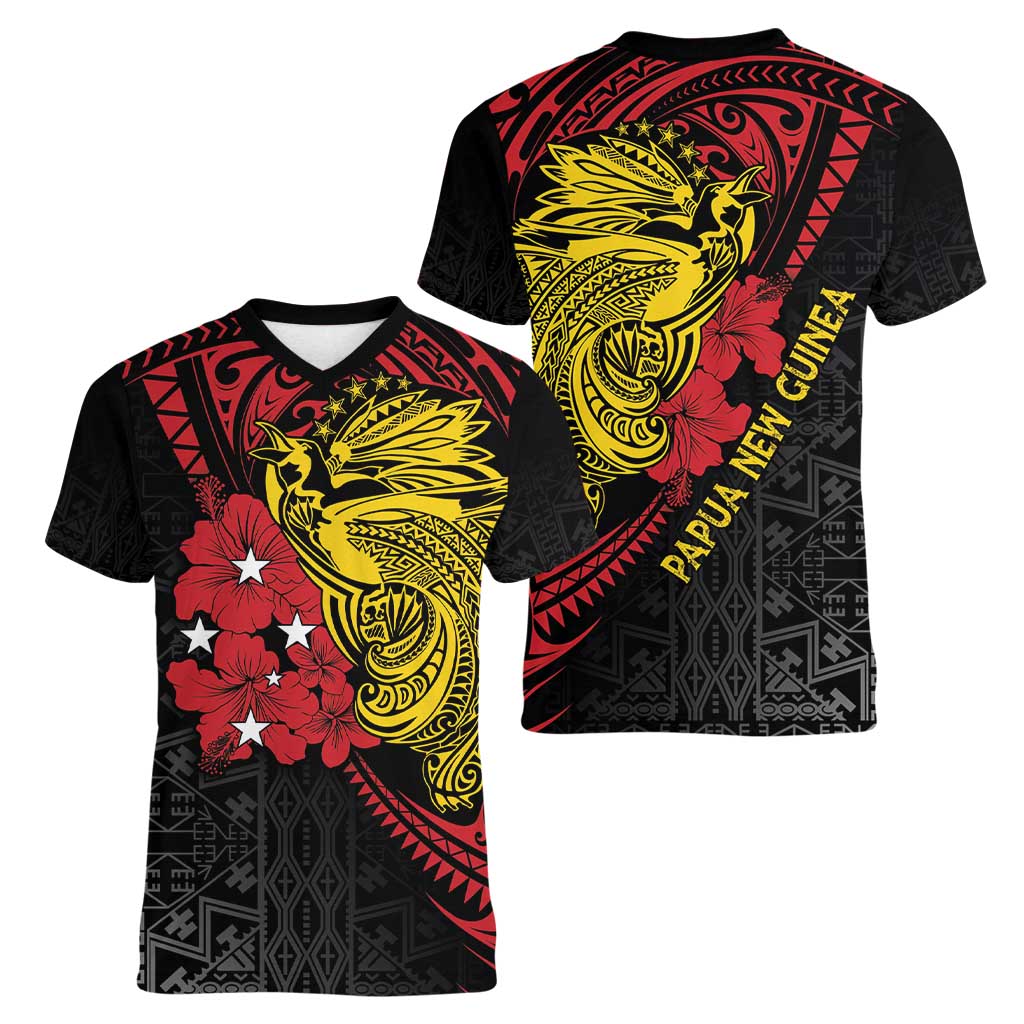 Papua New Guinea 49th Independence Day Women V-Neck T-Shirt Motuan Revareva Bird-of-Paradise LT7 - Polynesian Pride