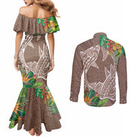 Polynesia Couples Matching Mermaid Dress and Long Sleeve Button Shirt Sharks Duo Tropical Brown