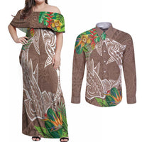 Polynesia Couples Matching Off Shoulder Maxi Dress and Long Sleeve Button Shirt Sharks Duo Tropical Brown
