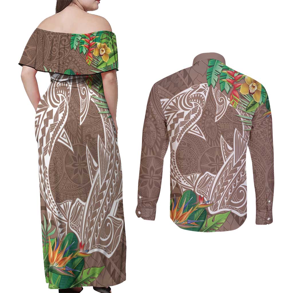 Polynesia Couples Matching Off Shoulder Maxi Dress and Long Sleeve Button Shirt Sharks Duo Tropical Brown
