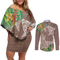 Polynesia Couples Matching Off Shoulder Short Dress and Long Sleeve Button Shirt Sharks Duo Tropical Brown