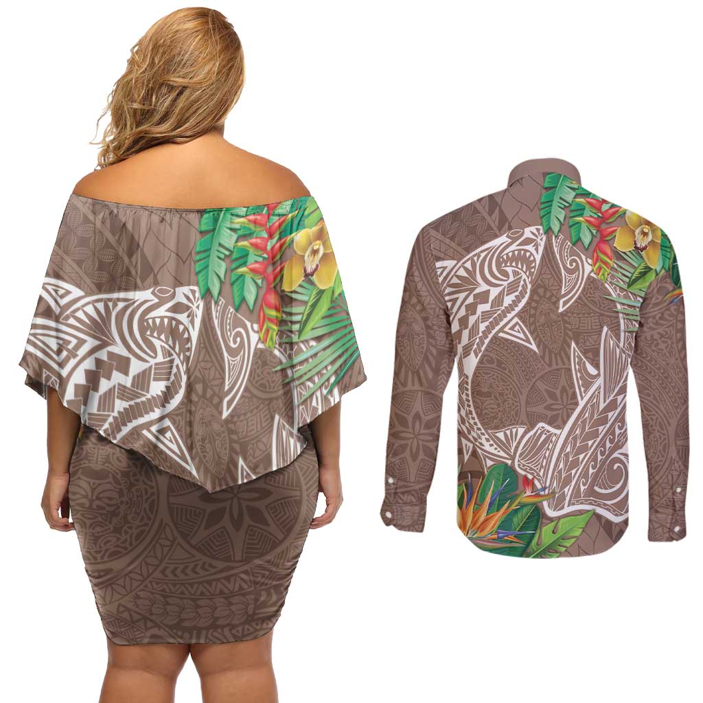 Polynesia Couples Matching Off Shoulder Short Dress and Long Sleeve Button Shirt Sharks Duo Tropical Brown