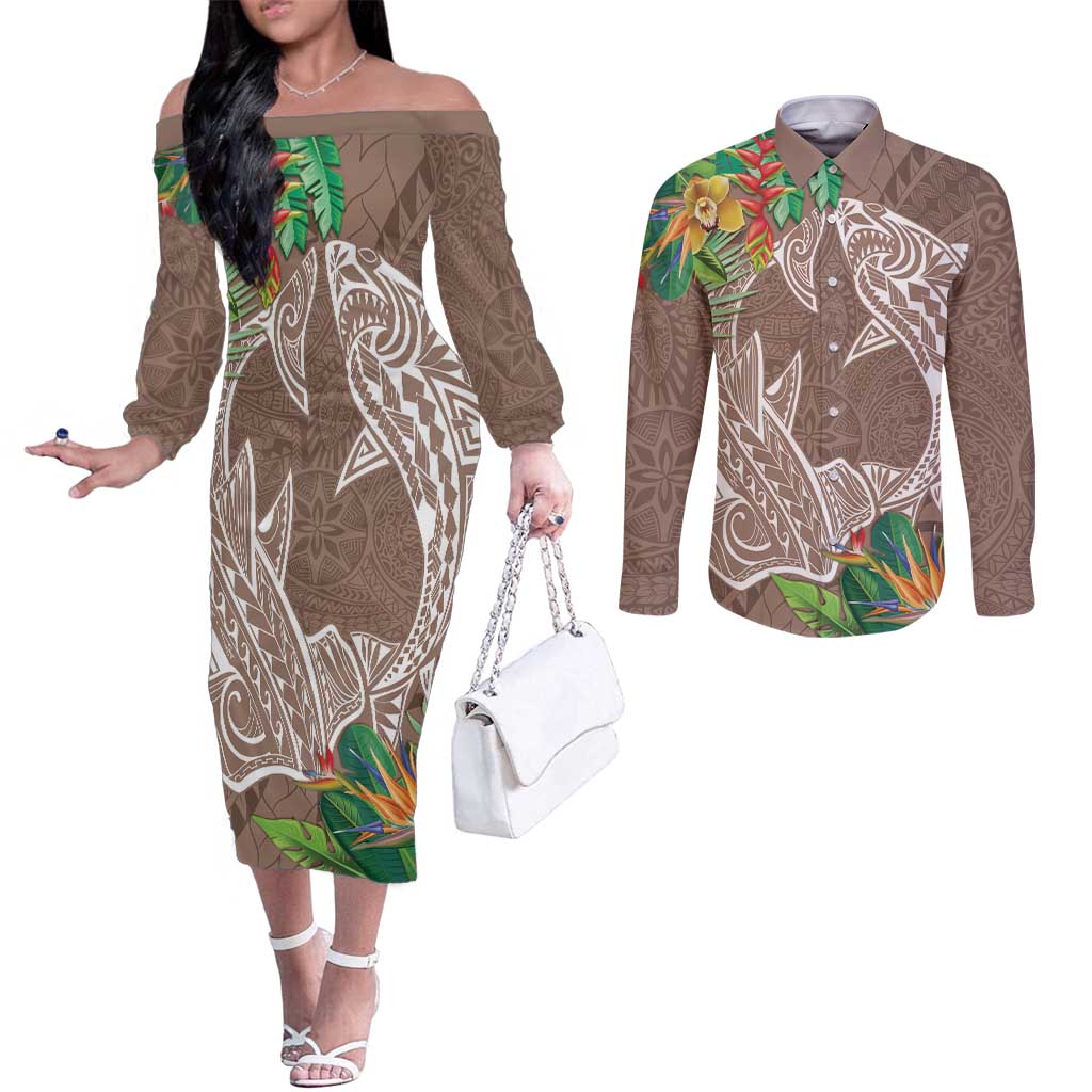 Polynesia Couples Matching Off The Shoulder Long Sleeve Dress and Long Sleeve Button Shirt Sharks Duo Tropical Brown