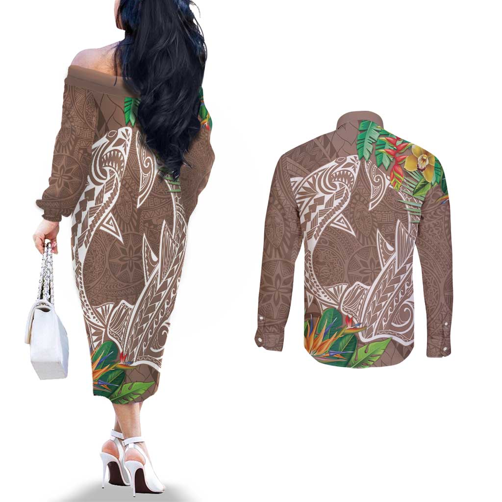 Polynesia Couples Matching Off The Shoulder Long Sleeve Dress and Long Sleeve Button Shirt Sharks Duo Tropical Brown