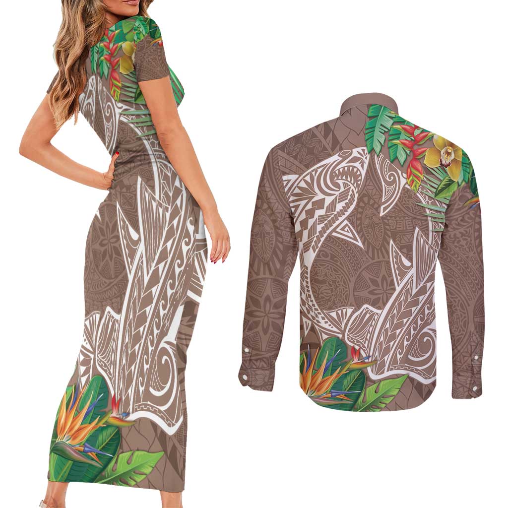 Polynesia Couples Matching Short Sleeve Bodycon Dress and Long Sleeve Button Shirt Sharks Duo Tropical Brown