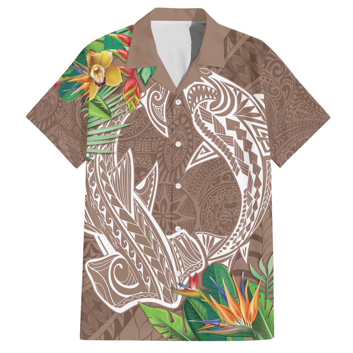 Polynesia Family Matching Off The Shoulder Long Sleeve Dress and Hawaiian Shirt Sharks Duo Tropical Brown