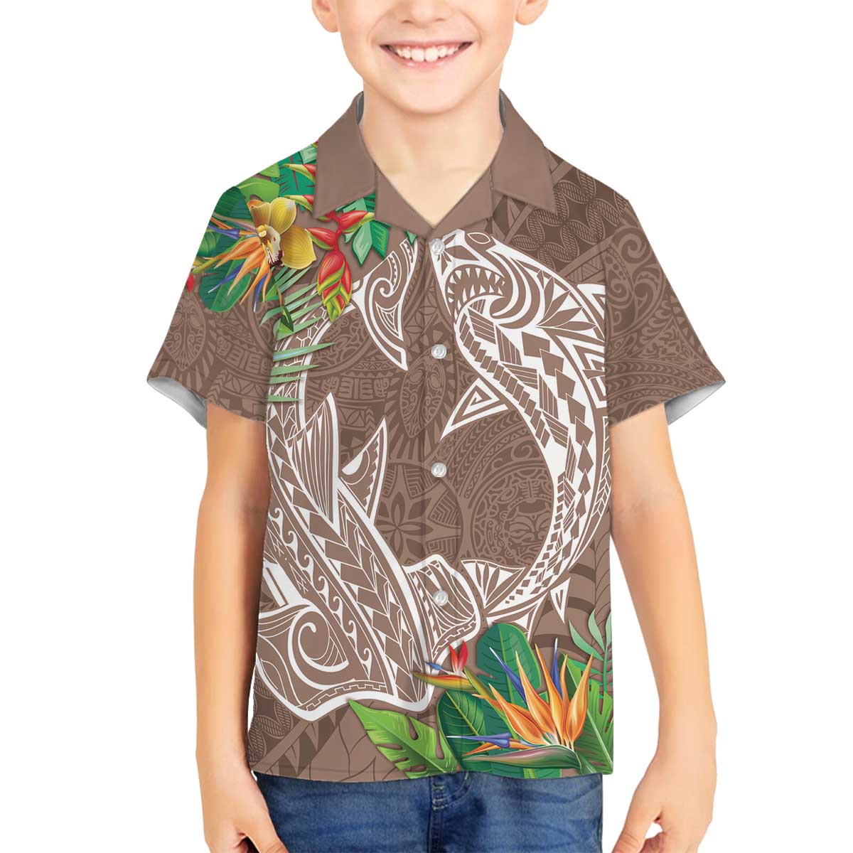 Polynesia Family Matching Off The Shoulder Long Sleeve Dress and Hawaiian Shirt Sharks Duo Tropical Brown