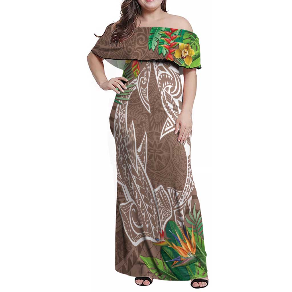 Polynesia Family Matching Off Shoulder Maxi Dress and Hawaiian Shirt Sharks Duo Tropical Brown