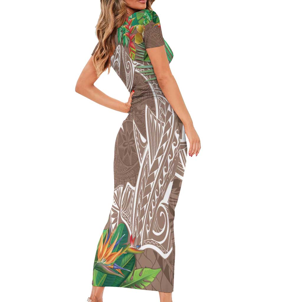 Polynesia Family Matching Short Sleeve Bodycon Dress and Hawaiian Shirt Sharks Duo Tropical Brown